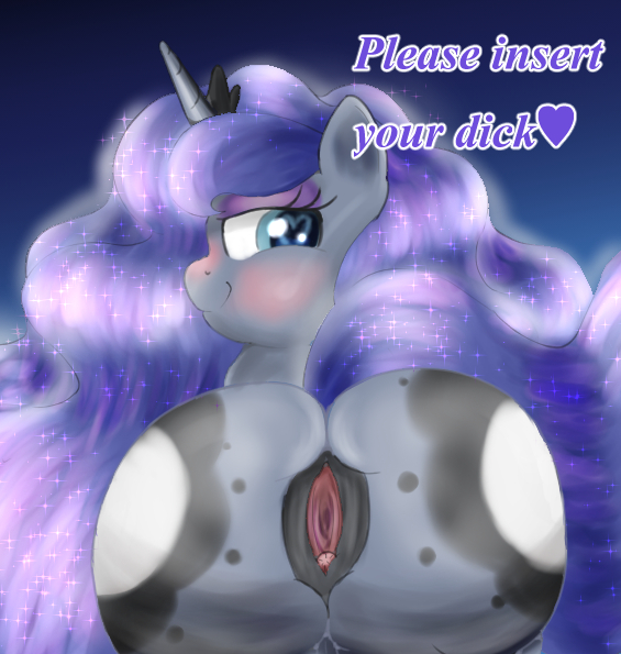 &lt;3 &lt;3_eyes bedroom_eyes blue_eyes blue_fur blue_hair blush braffy clitoris cutie_mark digital_media_(artwork) english_text equine female friendship_is_magic fur hair horn long_hair looking_at_viewer looking_back mammal my_little_pony overweight presenting princess_luna_(mlp) pussy raised_tail rear_view smile solo text unicorn