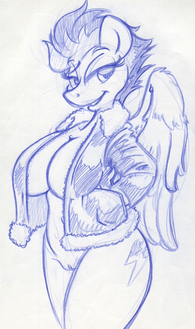 2015 anthro anthrofied bottomless breasts cleavage clothed clothing cutie_mark equine female flight_jacket friendship_is_magic hair half-dressed jacket king-cheetah looking_up mammal monochrome my_little_pony pegasus pussy sketch solo spitfire_(mlp) two_tone_hair wings wonderbolts_(mlp)