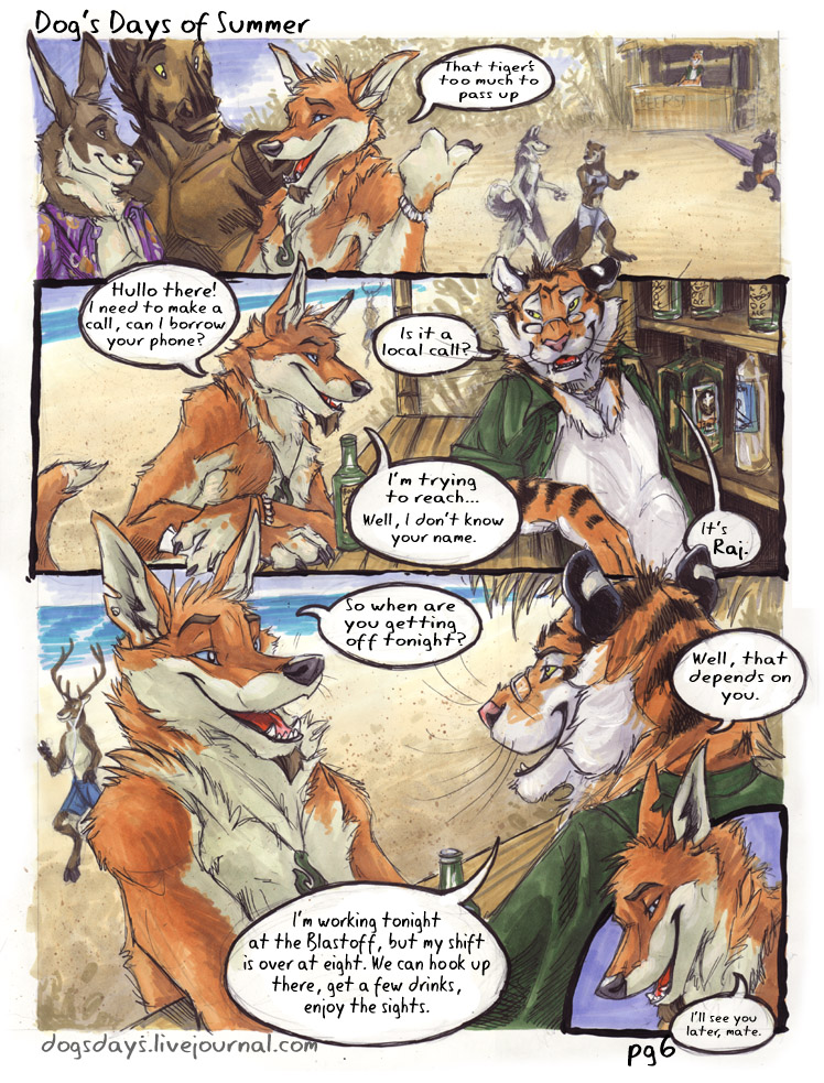 anthro badger bar beach blotch canine clothing comic diego dingo duo_focus equine feline group horse jack_(blotch) kangaroo male mammal marsupial mustelid necklace raj seaside tiger wolf