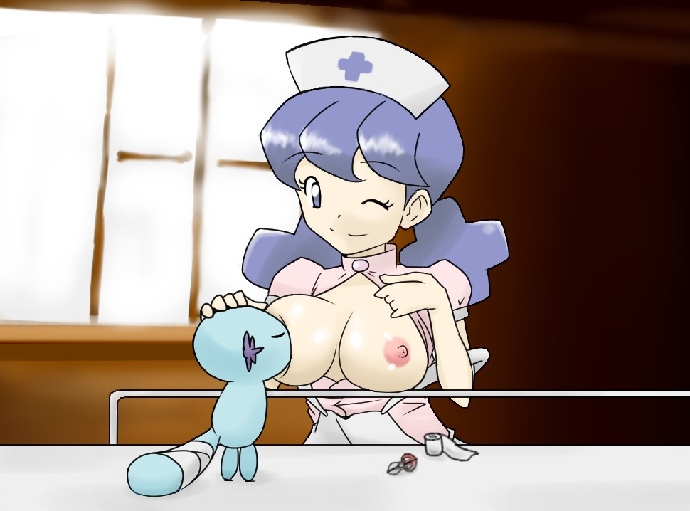 2015 a.k.o.t. ambiguous_gender bandage breast_suck breasts clothed clothing day duo eyelashes female feral hair hat inside light nintendo nipples nurse nurse_uniform one_eye_closed pok&eacute;mon scissors shadow smile standing video_games window wooper