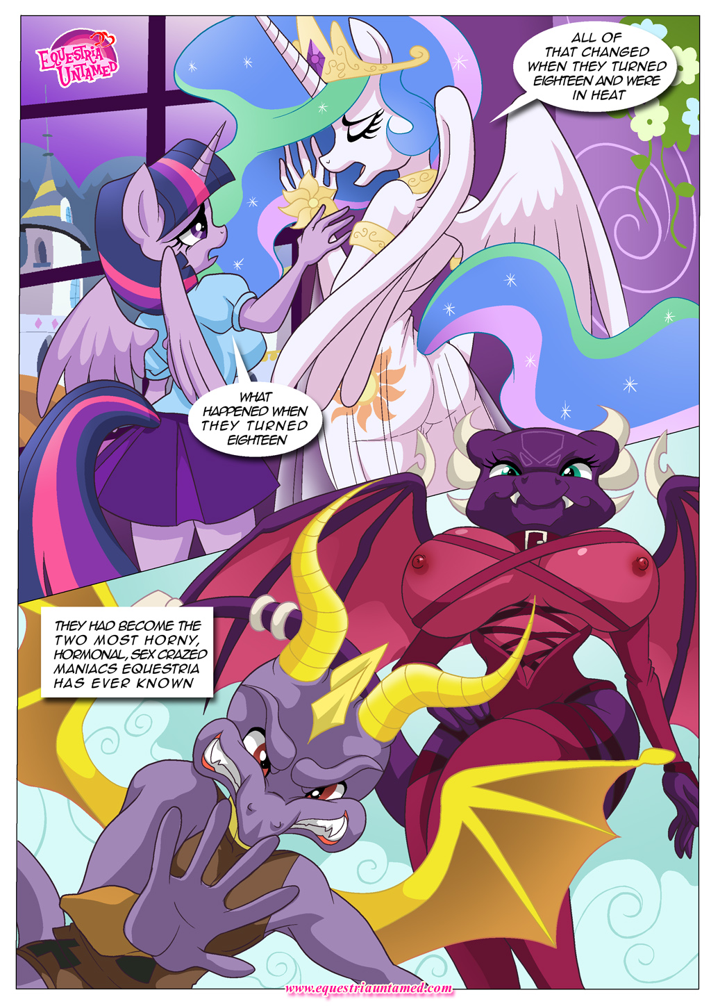 2015 anthro bbmbbf big_breasts breasts butt cartoon claws clothed clothing comic crossover cutie_mark cynder dialogue dragon duo english_text equestria_untamed equine female friendship_is_magic fur green_eyes grin hair horn long_hair looking_at_viewer male mammal my_little_pony nipples open_mouth palcomix partially_clothed princess_celestia_(mlp) red_eyes skimpy smile spyro spyro_the_dragon text twilight_sparkle_(mlp) video_games winged_unicorn wings