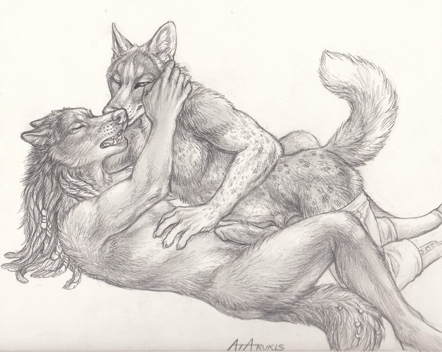 2015 animal_genitalia anthro canine claws duo erection eyes_closed fur gay hair long_hair luther male mammal nude open_mouth penis rukis sex smile tongue wolf