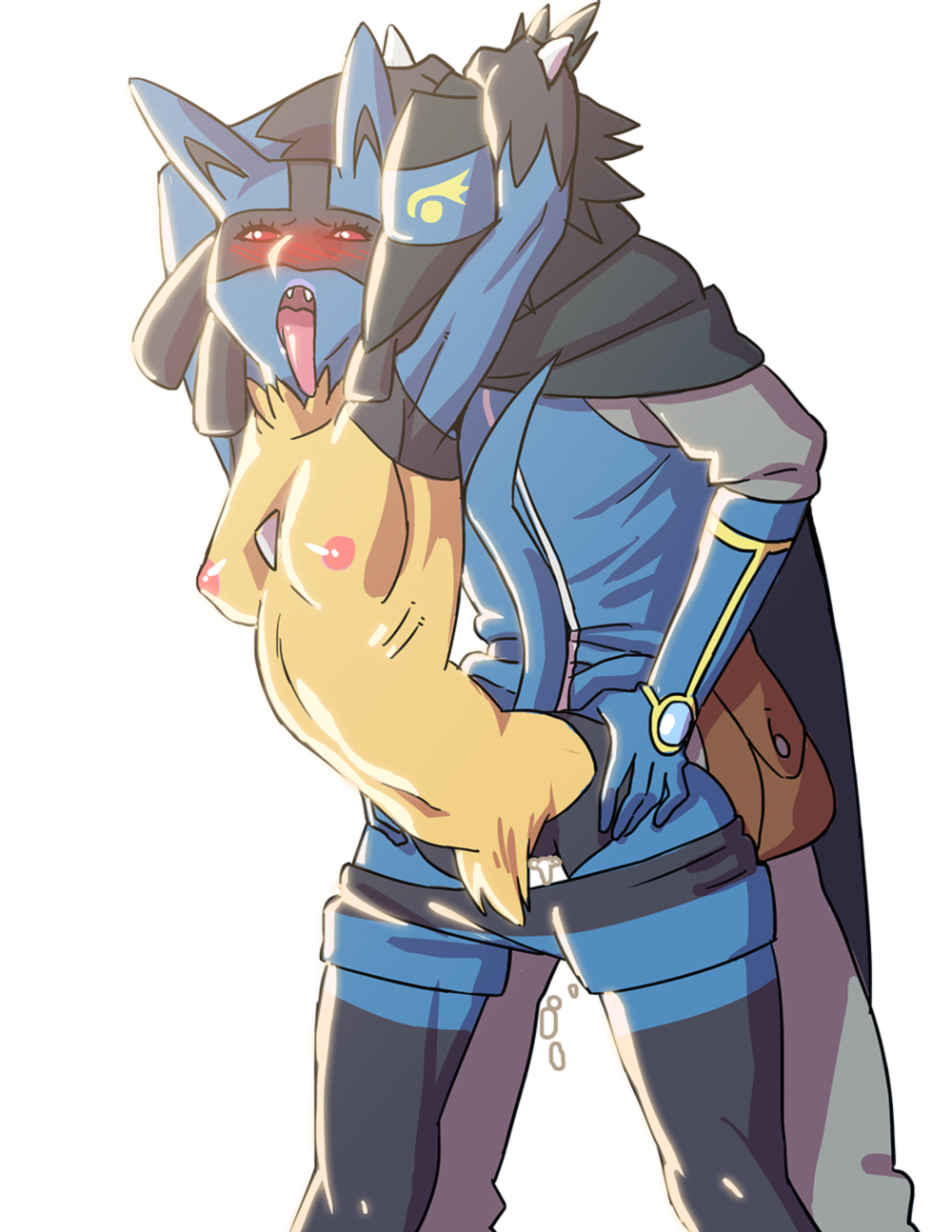 2014 anthro black_fur blue_fur blush breasts cape clothing cum female fur gloves hat human human_on_anthro interspecies lucario male mammal navel nintendo nipples pants pants_down plain_background pokémon poképhilia red_eyes sex sir_aaron straight teeth tongue tongue_out tuft unknown_artist video_games white_background wide_hips yellow_fur