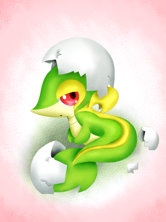ambiguous_gender cute egg feral hatching looking_at_viewer nintendo open_mouth pokémon red_eyes snivy solo unknown_artist video_games white_belly