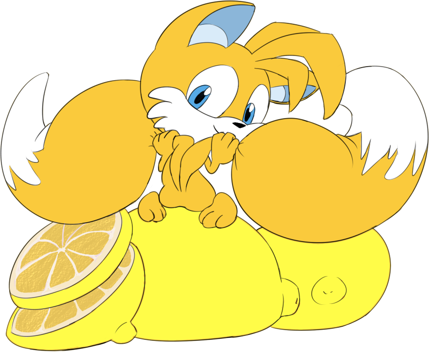 ambiguous_gender anthro big_tail blue_eyes butt canine cute fluffy_tail fox fruit fur lemon looking_at_viewer looking_back mammal miles_prower multiple_tails nude persicute plain_background raised_tail sega solo sonic_(series) tail_grab yellow_fur