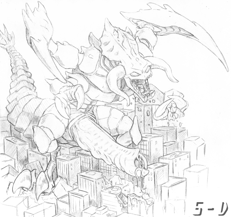 5-d acid building cho'gath city claws erection hyper hyper_penis league_of_legends macro male monochrome monster open_mouth pencil_(artwork) penis precum sketch solo standing traditional_media_(artwork) video_games