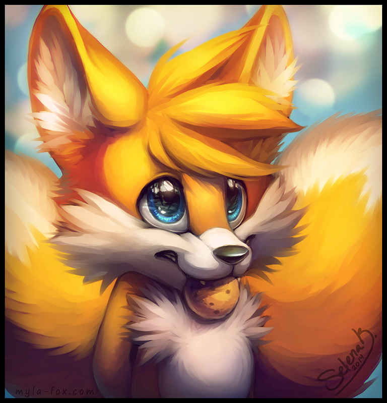 anthro blue_eyes canine cookie cute fox fur male mammal miles_prower multiple_tails mylafox sega smile solo sonic_(series) white_fur yellow_fur