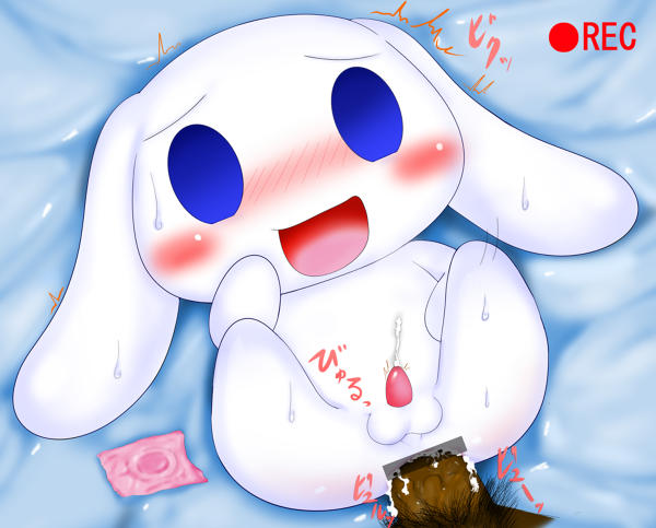 anthro beady_eyes blue_eyes blush canine censored cinnamon cinnamoroll condom cub cute disembodied_penis dog duo fluffy_fluffy_cinnamoroll fur gay japanese long_ears male mammal naoya oddly_sexy penis sanrio solo_focus sweat text translated white_fur young