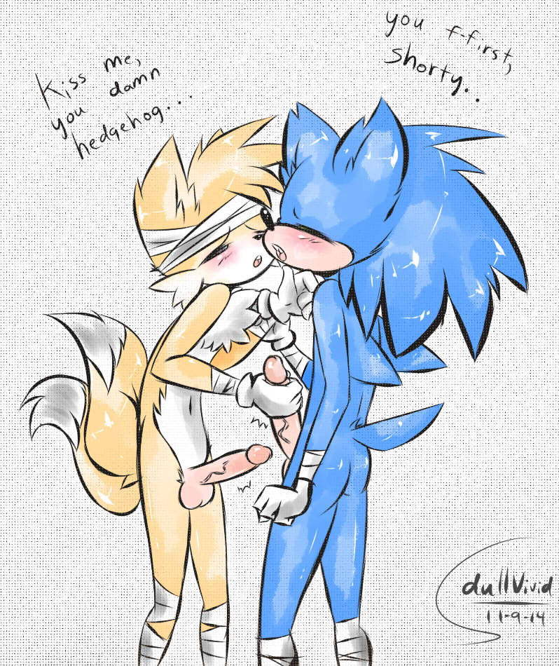 2014 balls bandage big_penis bipedal blush canine couple dullvivid erection fox gay handjob huge_penis kissing male mammal miles_prower mutual_masturbation parody penis sega sonic_(series) sonic_boom sonic_the_hedgehog vein veiny_penis