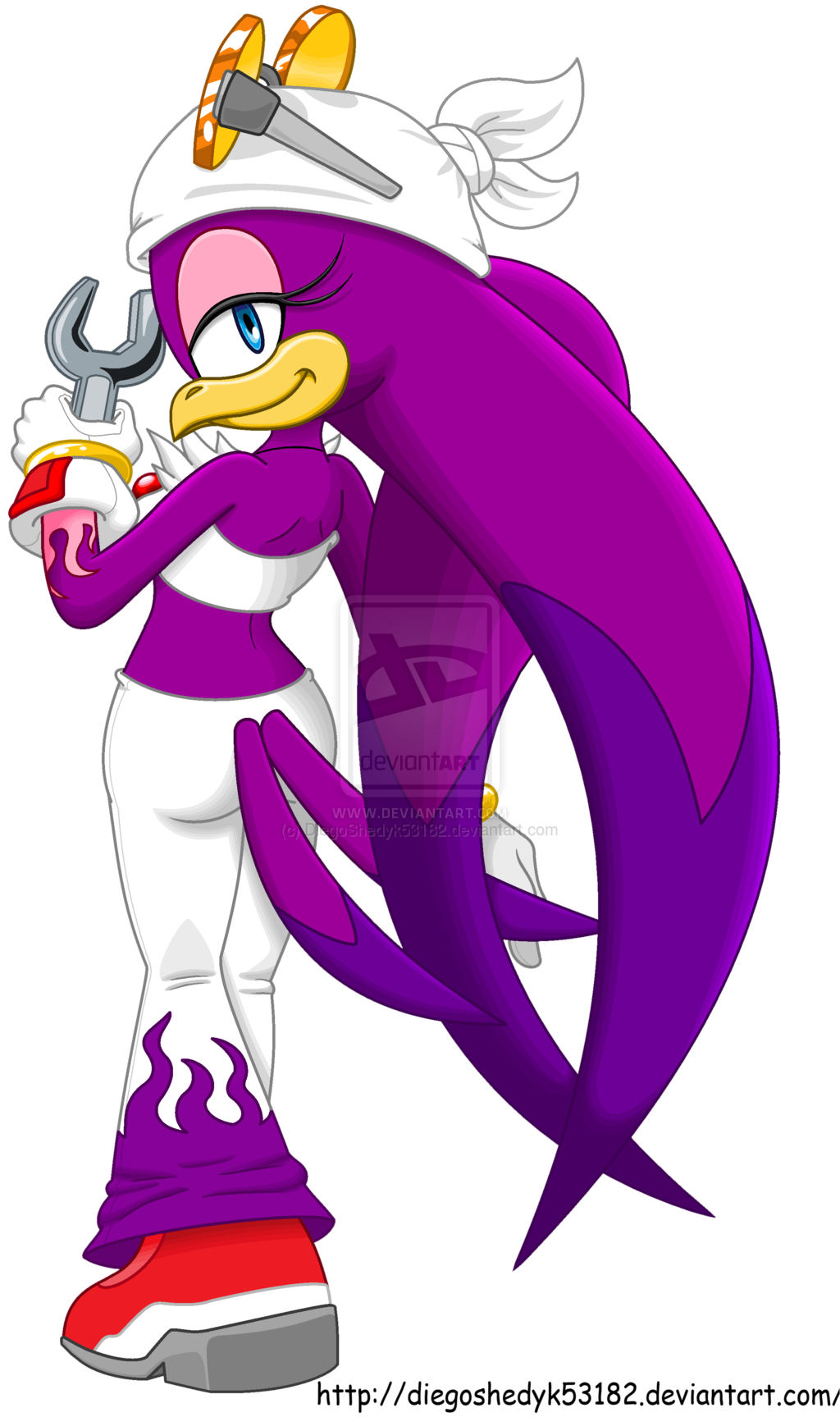 anthro avian bandanna bird blue_eyes diegoshedyk_(artist) english_text eyelashes eyewear female flame_pattern glasses gloves looking_at_viewer necklace purple_feathers sega smile solo sonic_(series) sonic_riders text tools watermark wave_the_swallow wrench
