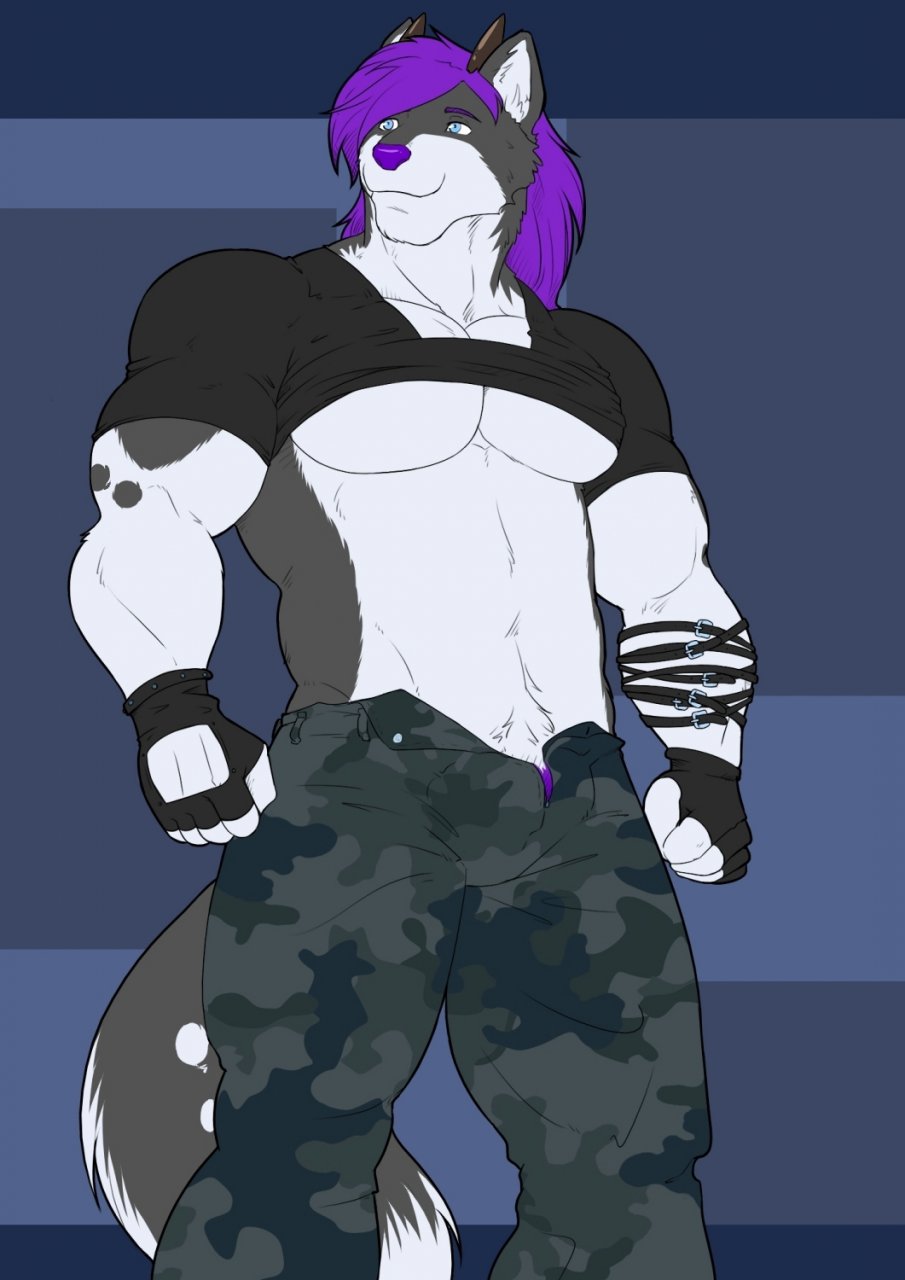 anthro blue_eyes canine dog hair horn husky kartos leather_straps lester lesterhusky male mammal manly muscled_chest muscles purple_hair solo