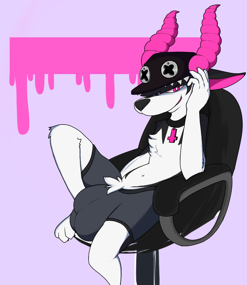 anthro boxers bulge caelyne canine chair clothing dog eyegush hat hellhound horn hyper looking_at_viewer male mammal office_chair penis sitting underwear