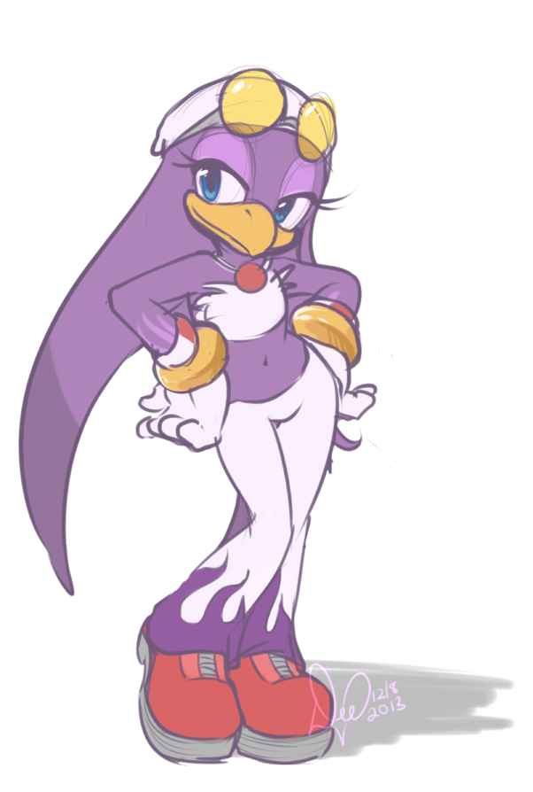 2013 anthro avian bandanna bird blue_eyes eyelashes eyewear female flame_pattern glasses gloves kittydee navel necklace plain_background purple_feathers sega smile solo sonic_(series) sonic_riders standing wave_the_swallow