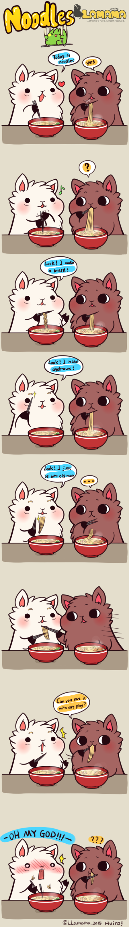 ... 2015 ? ambiguous_gender black_eyes brown_fur camelid chibi chopsticks dialogue duo eating english_text feral food fur green_body huiro llama mammal musical_note noodles soup text unknown_species white_fur