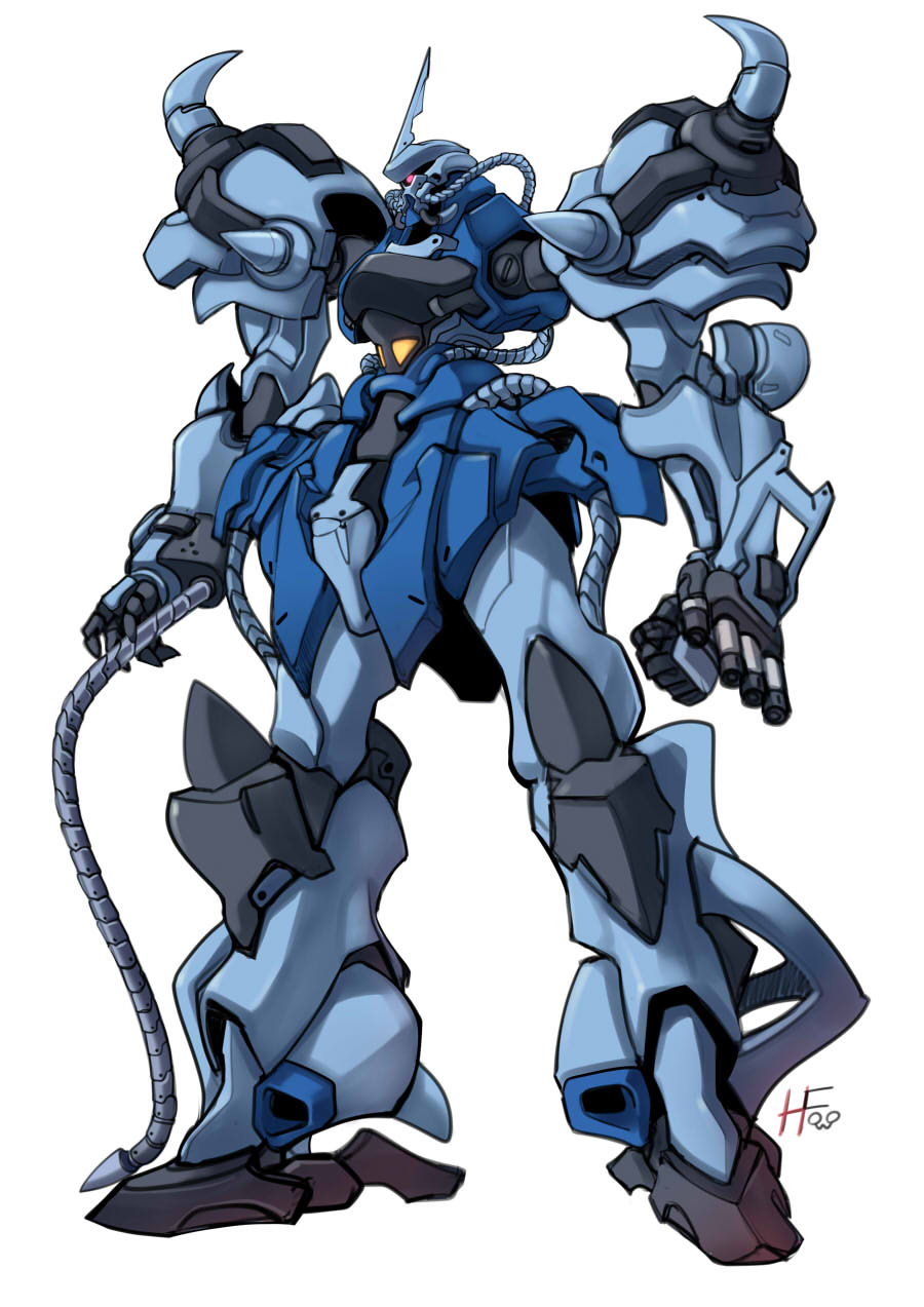 alternate_universe arm_cannon cable commentary_request gouf gundam gundam_gquuuuuux haganef highres machinery mecha mecha_focus mobile_suit no_humans one-eyed original radio_antenna redesign robot science_fiction shoulder_spikes signature spikes weapon yamashita_ikuto_(style) zeon