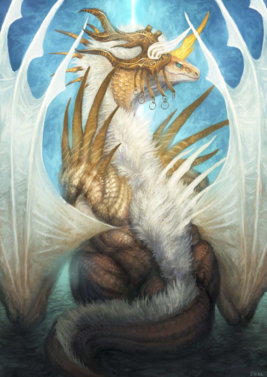 ambiguous_gender detailed dragon feral furred_dragon horn looking_at_viewer looking_back membranous_wings rear_view scalie shina simple_background sitting solo wings