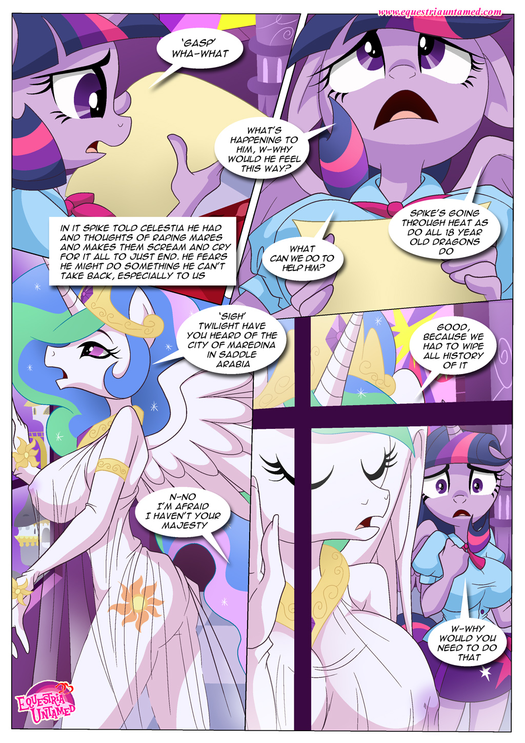 anthro anthrofied bbmbbf big_breasts breasts butt clothing crown cutie_mark dialogue duo english_text equestria_untamed equine female friendship_is_magic hair horn mammal my_little_pony nipple_bulge nipples palcomix princess_celestia_(mlp) text translucent transparent_clothing twilight_sparkle_(mlp) unicorn winged_unicorn wings