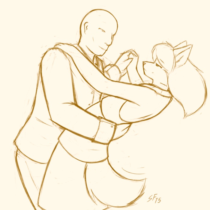 2015 anthro bald bowmanswolf brown_and_white canine cleft_chin clothed clothing couple dancing duo female flat_chested florence_ambrose freefall fur hair human long_hair male mammal pants plain_background romantic sketch skirt starfighter vest white_background winston_thurmad wolf