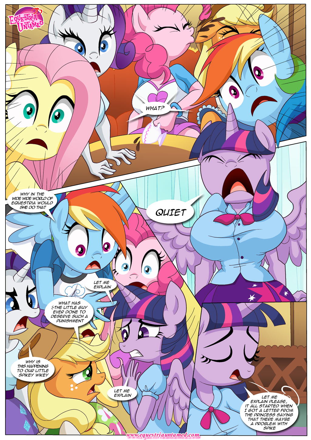 anthro anthrofied applejack_(mlp) bbmbbf big_breasts blonde_hair blue_eyes breasts clothing comic dialogue earth_pony english_text equestria_untamed equine eyes_closed female fluttershy_(mlp) friendship_is_magic group hair horn horse mammal multicolored_hair my_little_pony open_mouth pegasus pink_hair pinkie_pie_(mlp) pony purple_hair rainbow_dash_(mlp) rainbow_hair rarity_(mlp) teacup text twilight_sparkle_(mlp) unicorn winged_unicorn wings