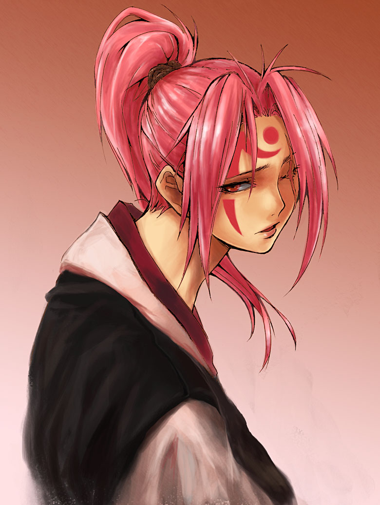 baiken facial_mark forehead_mark from_behind guchico guilty_gear japanese_clothes kimono lips lipstick long_hair looking_back makeup one-eyed open_mouth pink_hair ponytail red_eyes scar scar_across_eye solo tattoo