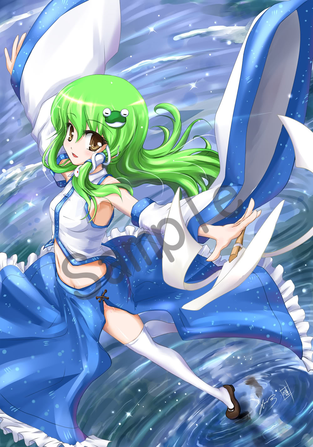 detached_sleeves eatbara green_hair highres kochiya_sanae long_hair midriff outstretched_arms sample solo spread_arms thighhighs touhou water zettai_ryouiki