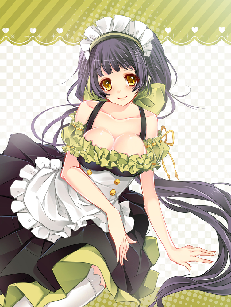 arm_support bad_id bad_pixiv_id blush bow breasts brown_eyes checkered checkered_background cleavage cowboy_shot dress green green_bow heart huge_breasts long_hair maid original purple_hair smile solo thighhighs very_long_hair white_legwear yellow_eyes yu_(bkks)