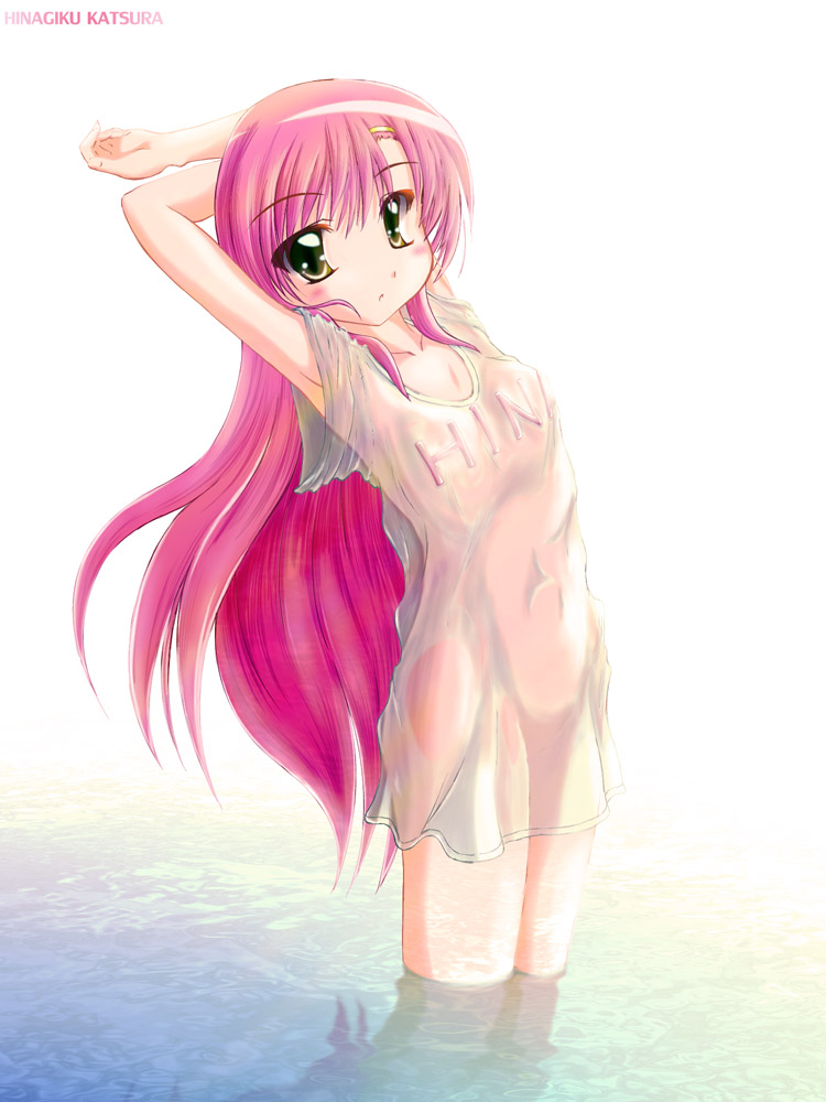 arms_up blush hayate_no_gotoku! katsura_hinagiku long_hair minon_(artist) pink_hair see-through solo water yellow_eyes