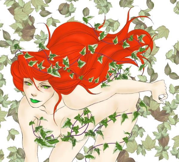 batman_(series) dc_comics green_eyes lipstick long_hair makeup nude plant poison_ivy simple_background solo vine vines