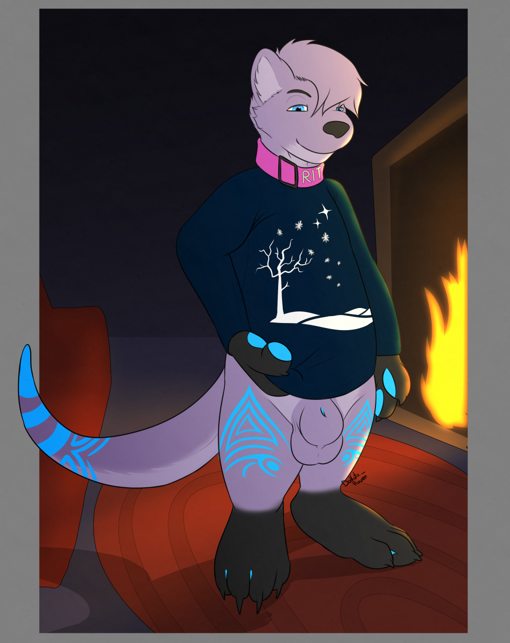 animal_genitalia balls blue_eyes christmas claws clothing collar darknesshaven digital_media_(artwork) fire fireplace holidays male mammal mustelid otter paws ritt_(character) shaded sheath solo sweater