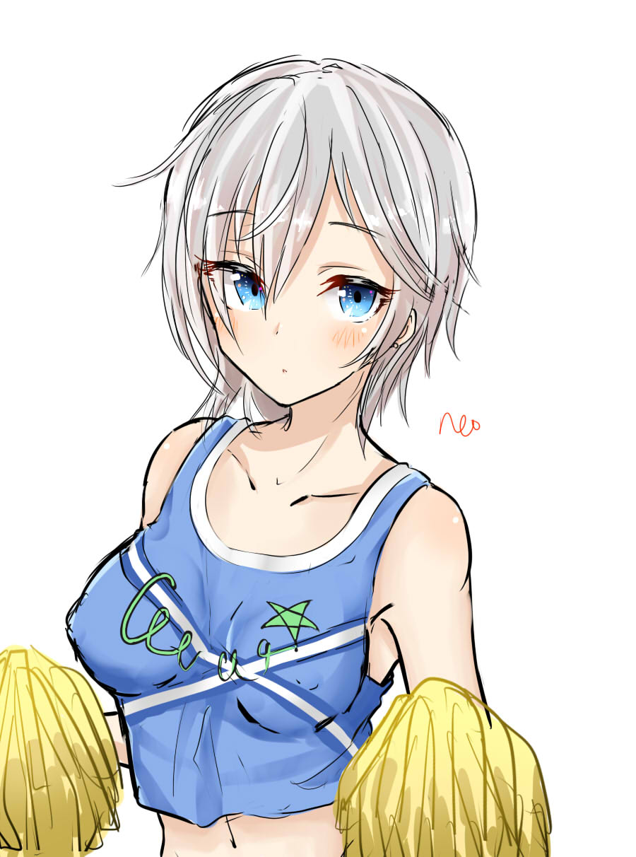 anastasia_(idolmaster) blue_eyes breasts cheerleader covered_nipples crop_top crop_top_overhang highres idolmaster idolmaster_cinderella_girls looking_at_viewer medium_breasts midriff pom_poms short_hair silver_hair siraele sketch skirt solo