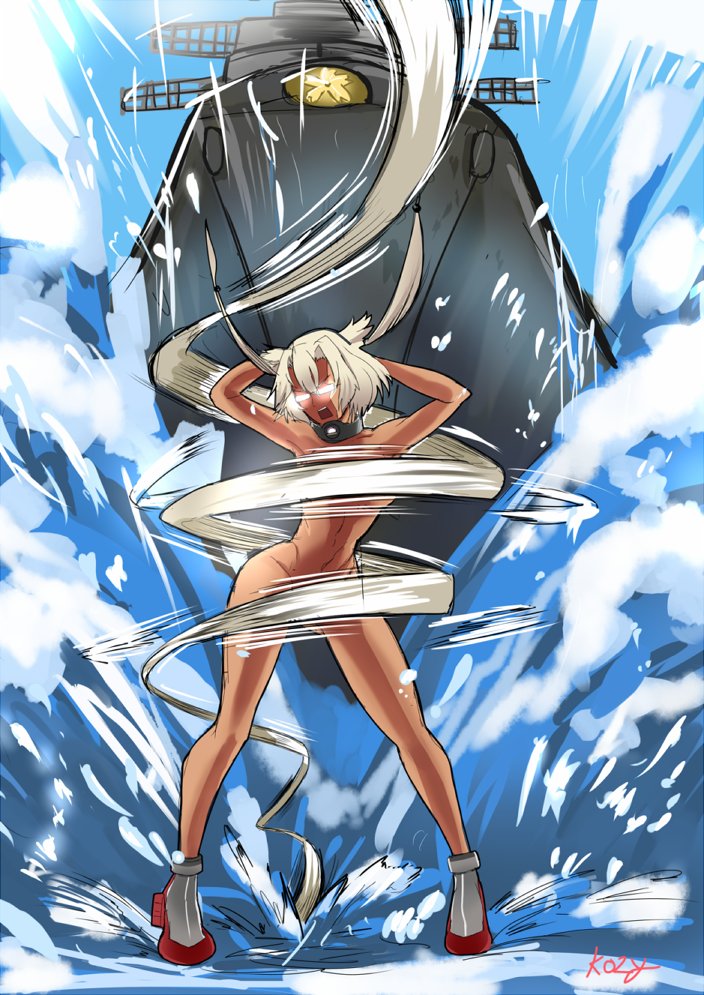 absurdly_long_hair arms_behind_head artist_name battleship bayonetta blonde_hair dark_skin full_body glasses glowing glowing_eyes hair_censor hips kantai_collection kozy legs long_hair military military_vehicle musashi_(battleship) musashi_(kantai_collection) nude parody pointy_hair pose prehensile_hair ship signature solo thighs very_long_hair warship watercraft