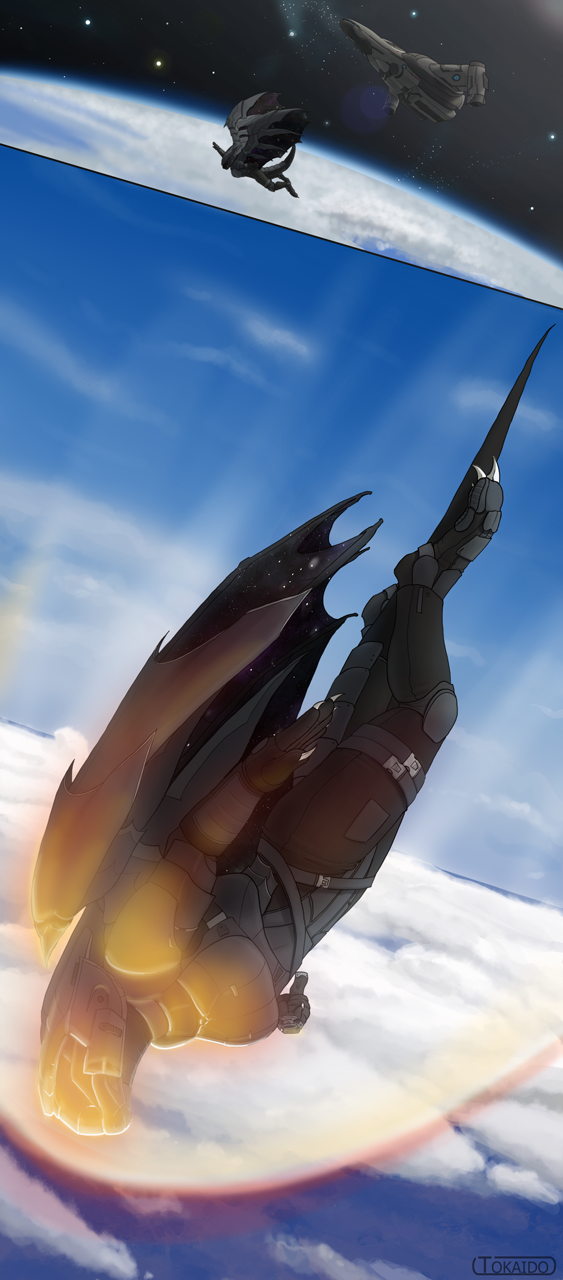 2014 anthro armor bat_wings breasts burning claws clothed clothing cloud comic digital_media_(artwork) digitigrade dragon falling female futuristic helmet outside planet reentry rithnok scalie science_fiction sky solo space spacecraft star toe_claws tokaido wings