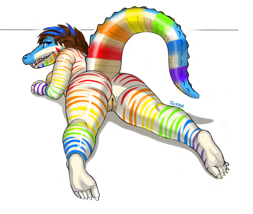 alligator anthro breasts butt chubby colorful female looking_at_viewer lying on_front pussy reptile scalie simple_background siyah solo teeth thick_tail voluptuous