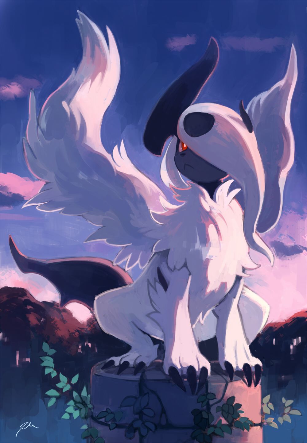 bluekomadori cloud full_body highres looking_up mega_absol no_humans outdoors pokemon pokemon_(creature) red_eyes signature sky squatting white_wings wings