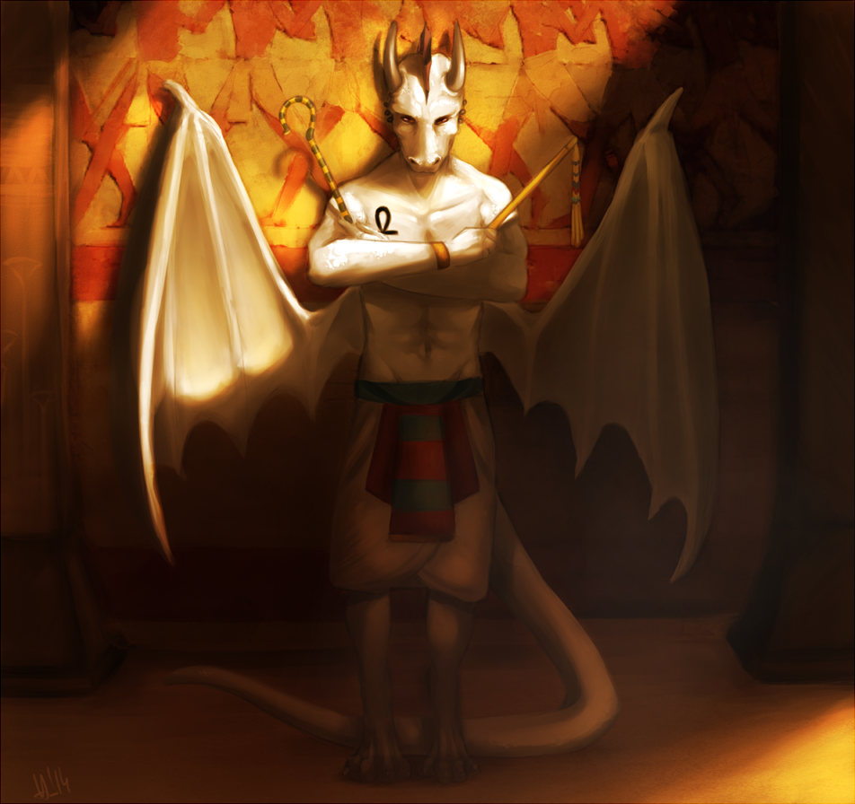 anthro battleguppy bracelet clothing crook_and_flail dragon egyptian humanoid inside jewelry looking_at_viewer male partially_clothed shaded solo standing tattoo temple vince_schlageschen wings