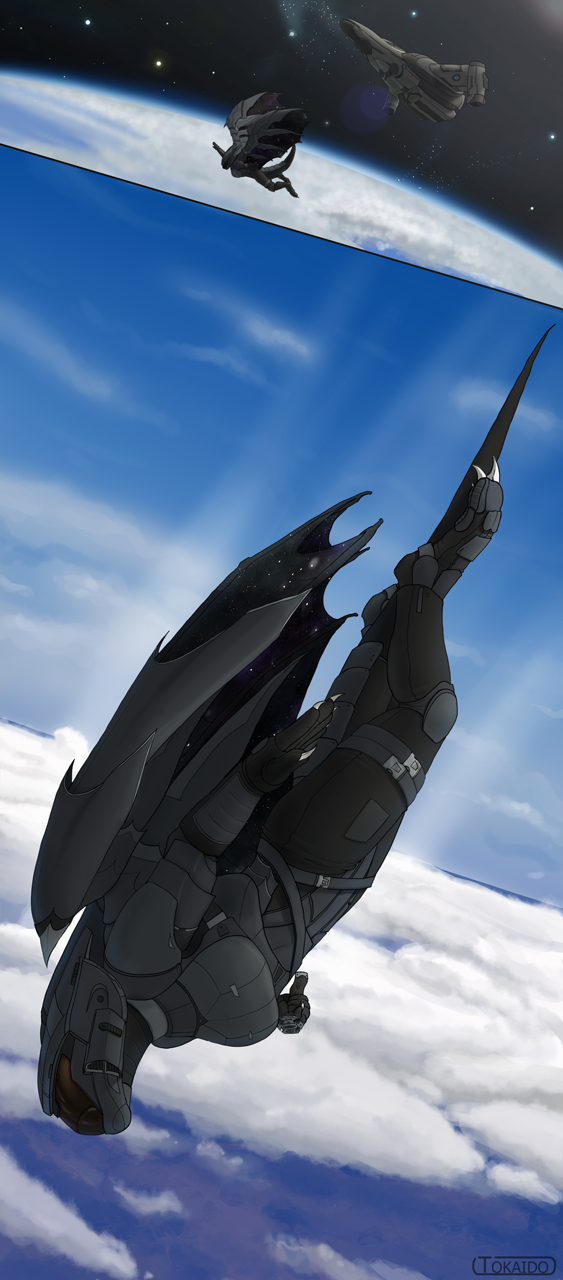 2014 anthro armor bat_wings breasts claws clothed clothing cloud comic digital_media_(artwork) digitigrade dragon falling female futuristic helmet outside planet reentry rithnok scalie science_fiction sky solo space spacecraft star toe_claws tokaido wings