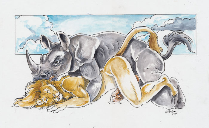 animal_genitalia barbs big_dom_small_sub cum cum_while_penetrated duo feline feline_penis frottage fur gay grey_skin heather_bruton horn interspecies lion male mammal mane muscles open_mouth orgasm penetration penis predator/prey_relations rhinoceros sex size_difference tan_fur