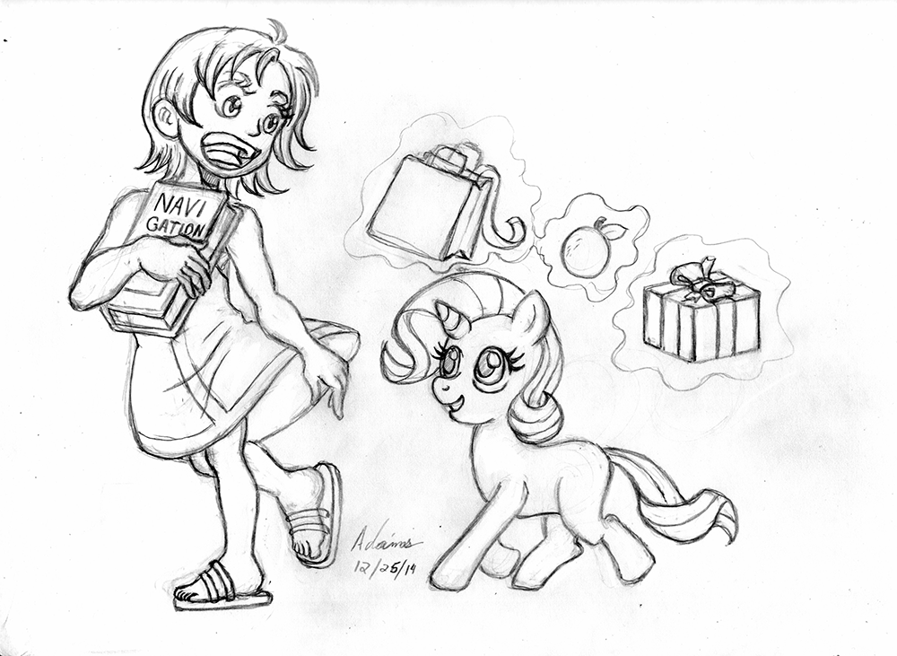 book child crossover cub duo equine female friendship_is_magic horn horse irie-mangastudios mammal my_little_pony nami one_piece pencil_(artwork) pony rarity_(mlp) shopping_bag traditional_media_(artwork) unicorn young