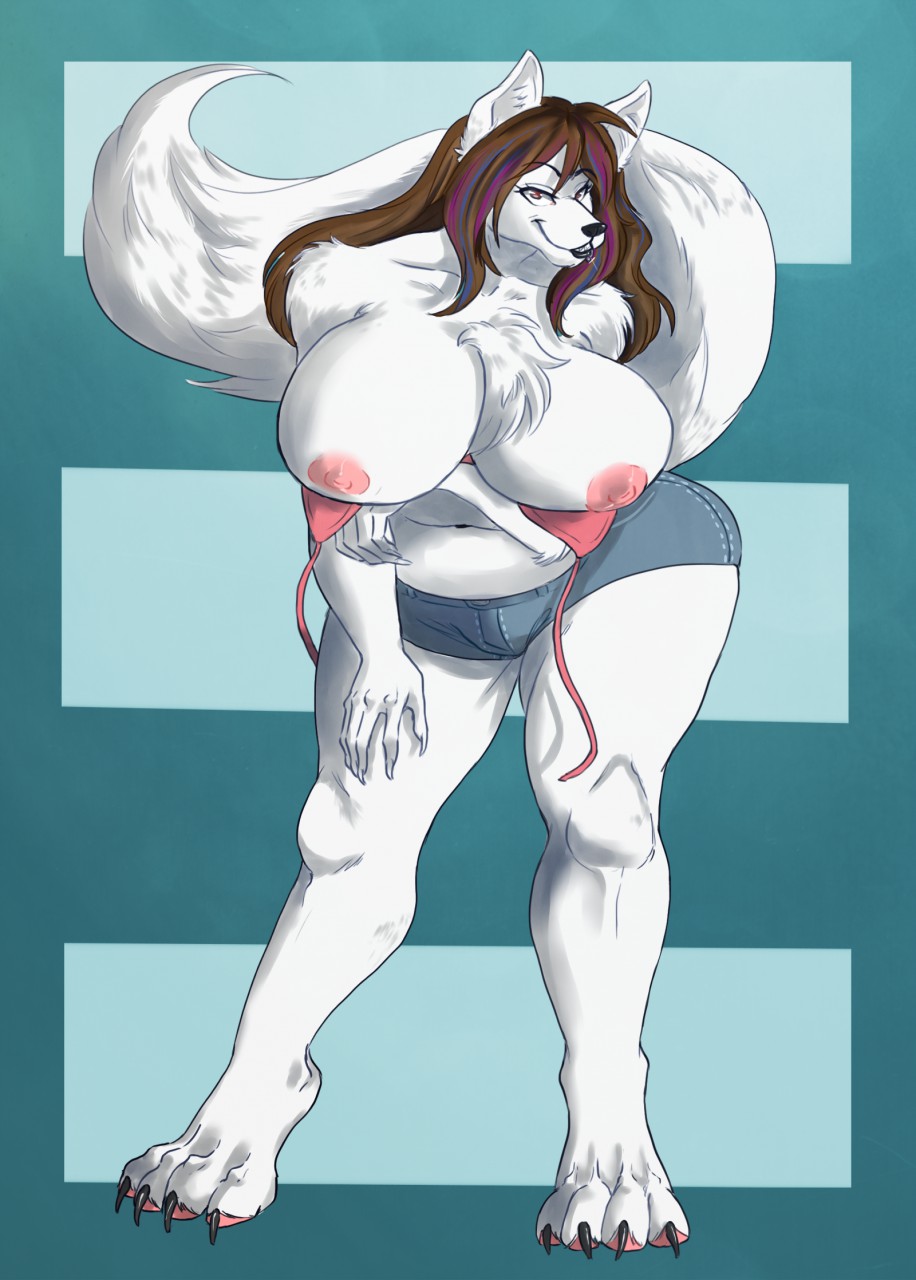 anthro big_breasts bra breasts canine chubby claws clothing dog female fur hair hightlights hot_pants long_hair looking_at_viewer mammal myan_(artist) navel nipples smile solo underwear undressing white_fur yana