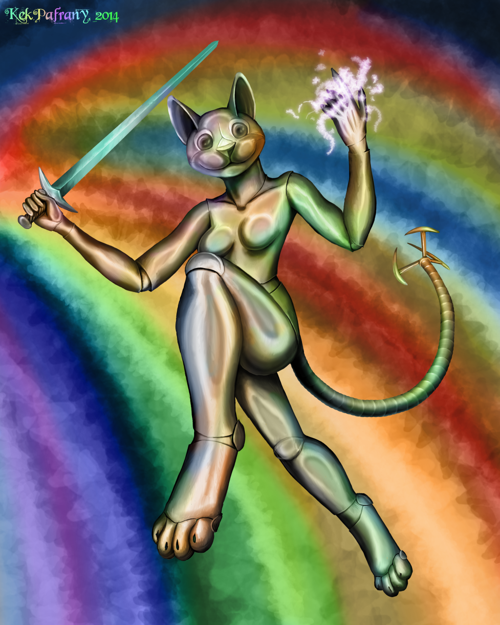 2014 :3 cat digital_media_(artwork) feline female kekpafrany machine magic mammal mechanical plain_background rainbow rainbow_background robot solo spell sword weapon