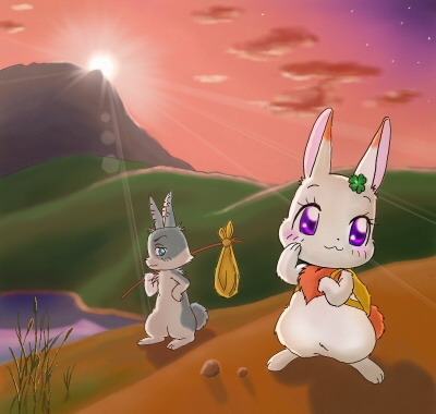 &lt;3 3_fingers 3_toes :3 age_difference anthro blue_eyes blue_fur blush chest_tuft chima cute digital_media_(artwork) duo eyelashes female fur happy_happy_clover japanese lagomorph looking_back male mammal pixiv purple_eyes rabbit rambler sayuri_tatsuyama shamrock short_fur smile straight sunset tabi-usagi-san tabi_usagi toes tuft white_fur