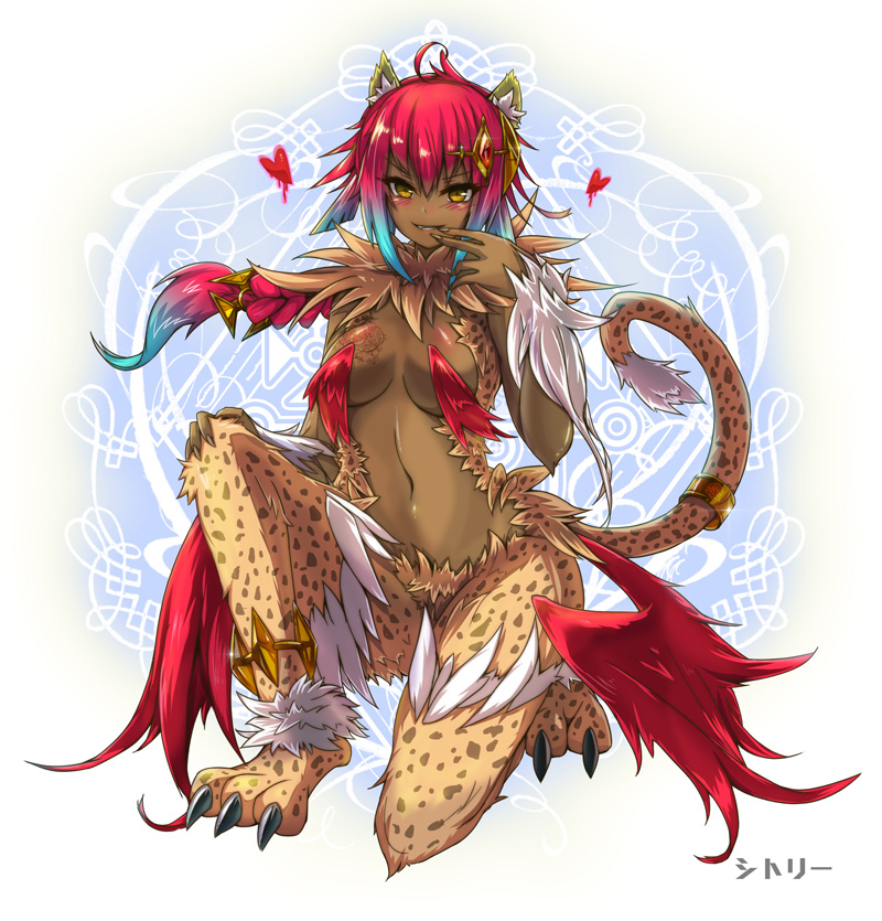 <3 2013 animal_ears blush breasts brown_skin cat_ears claws female fur hair looking_at_viewer navel nude red_hair ring rocknroll solo white_fur yellow_eyes yellow_fur