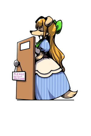 blonde_hair canine dog door english_text eyes_closed female fur hair kemono mammal text yellow_fur オムニキン