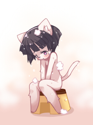 3:4 ambiguous_gender anthro black_hair domestic_cat felid feline felis fur hair kemono low_res mammal nude omunikin short_hair simple_background solo white_background white_body white_fur