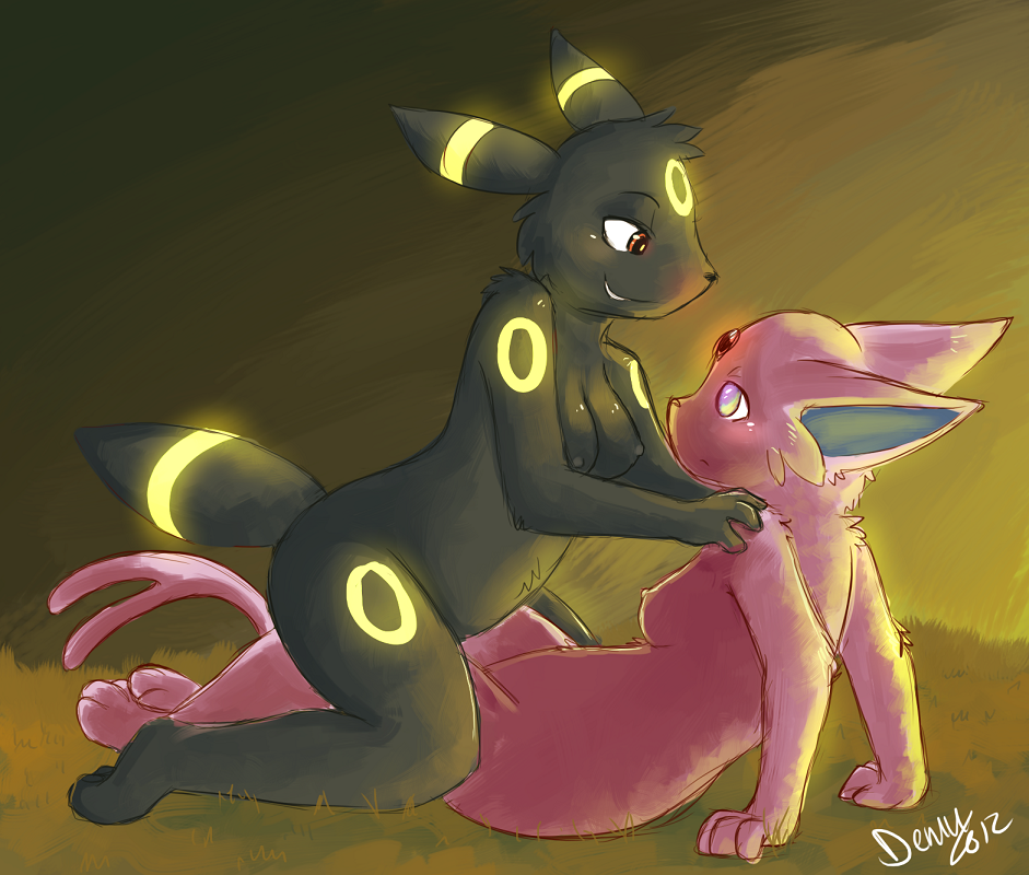 anthro areola bioluminescence black_fur breasts butt canine cute demu duo eeveelution espeon eye_contact female fur glowing grass lesbian mammal nintendo outside pokémon pokémorph purple_eyes purple_fur pussy red_eyes sex smile smirk tribadism umbreon video_games