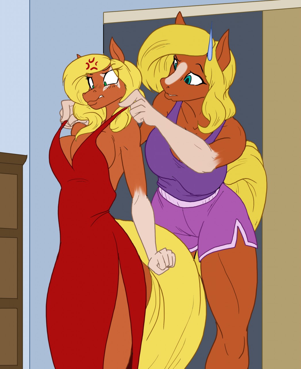 angry anthro big_breasts blonde_hair blue_eyes breasts brown_fur clothed clothing clydesdale daughter dress duo equine female fur hair horse jackie_rose long_hair mammal milf mother parent sherrie_rose shirt shorts standing sweat sweatdrop tank_top toughset