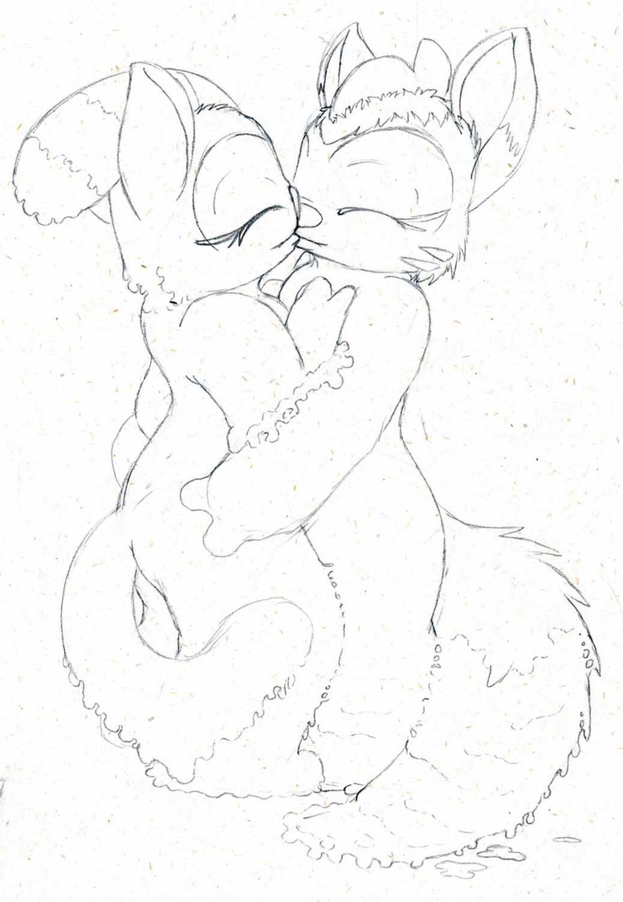 alien black_and_white duo experiment_(species) eyes_closed female food_transformation hug kissing lesbian marshmallow_(character) melting monochrome ovna petrock pointy_ears standing transformation
