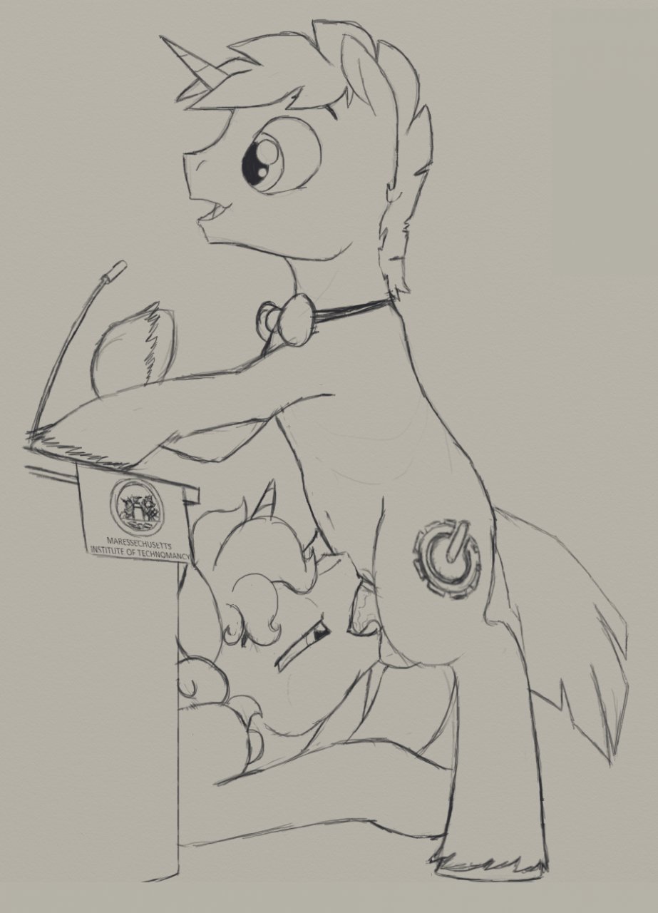 ambiguous_gender ball_fondling balls bow_tie crouching cutie_mark dialogue duo equine fellatio half-closed_eyes hooves horn horse malachite_(pony) male mammal monochrome my_little_pony oral penis petrock podium pony public questionable_consent sex standing under_desk unicorn