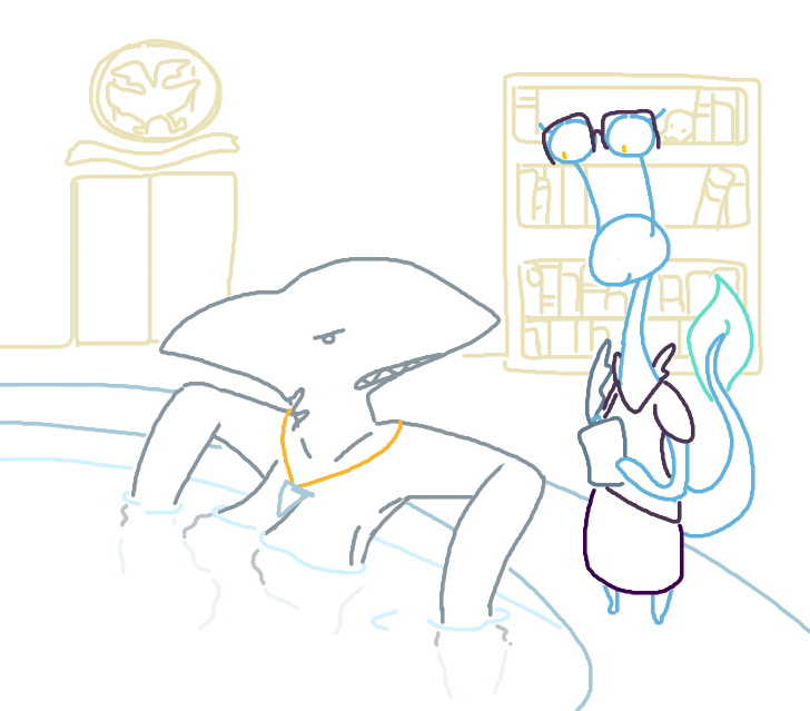 anthro bookshelf breasts duo eye_stalks eyewear female fish glasses marine monochrome necklace shark the_weaver water