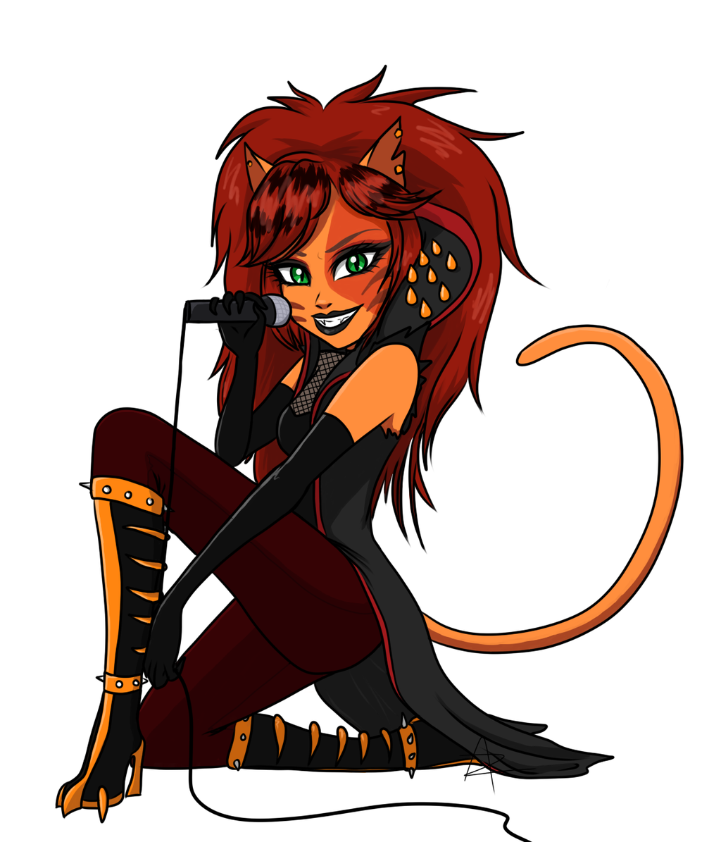 argentumzeena boots brown_hair feline female green_eyes hair high_heels lipstick looking_at_viewer mammal microphone monster_high solo toralei_stripe werecat